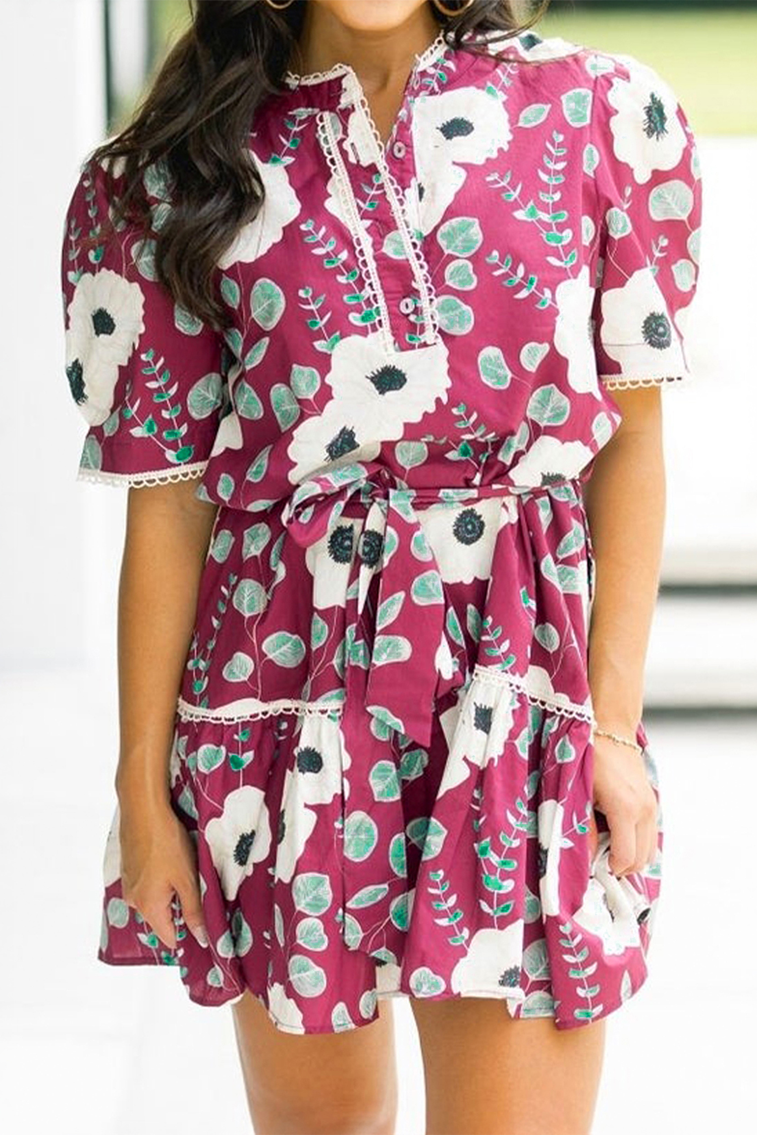 Red Floral Print Trimmed Short Puff Sleeve Mini Dress with Belt - Image 2
