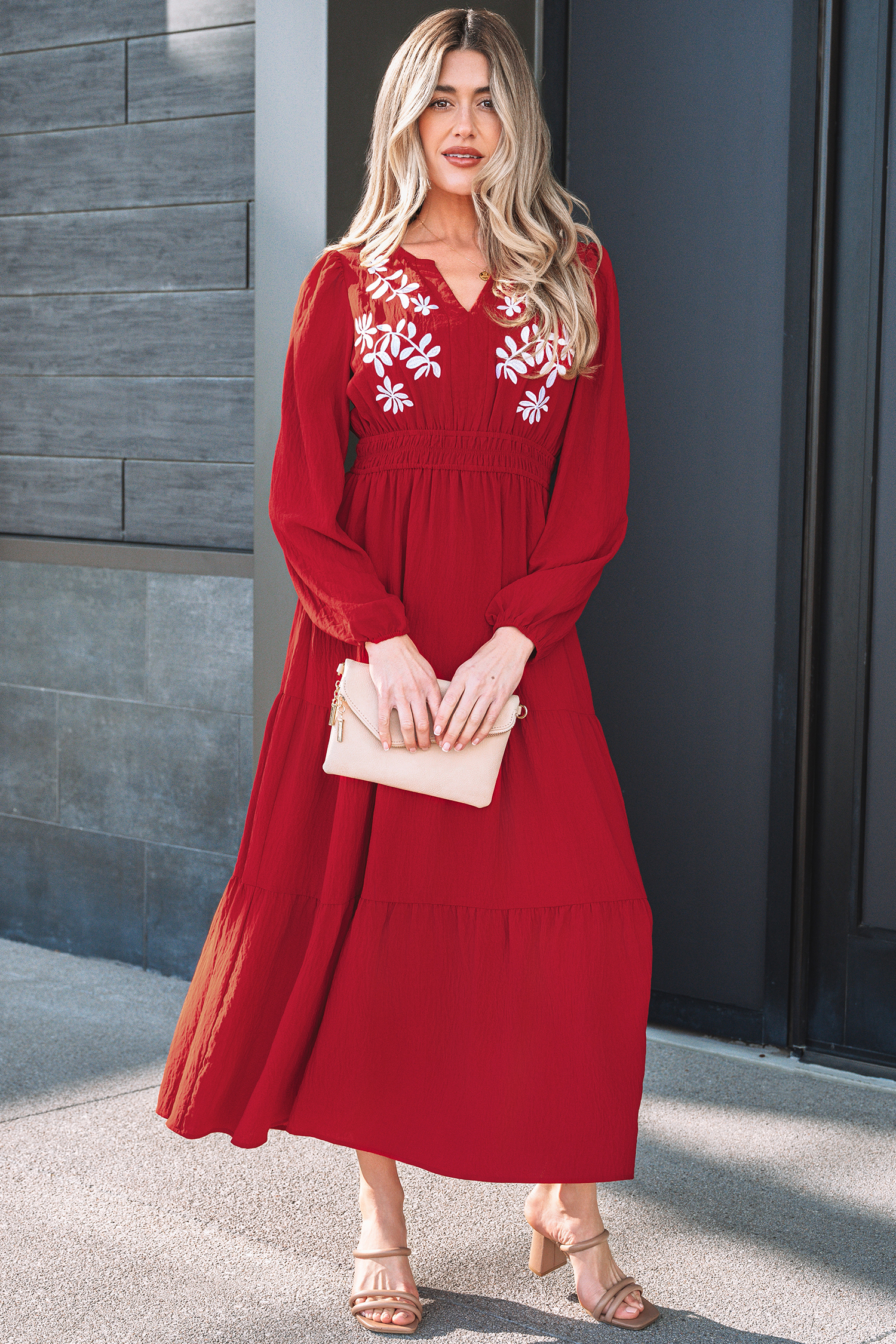 Racing Red Contrast Embroidered Detail Cinched Waist Tiered Long Sleeve Maxi Dress - Image 5