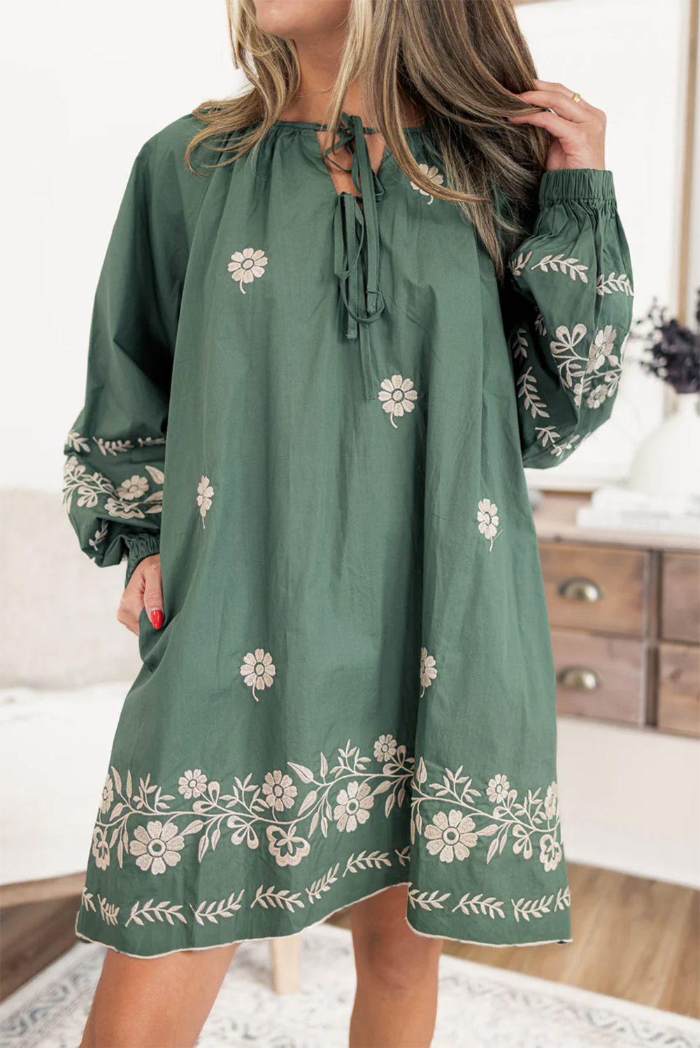 Mist Green Tie Neck Boho Floral Pattern Puff Sleeve Shift Dress - Image 3