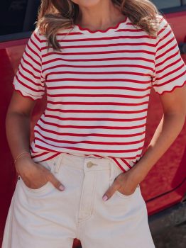 Red Stripe Scalloped Trim Round Neck T Shirt