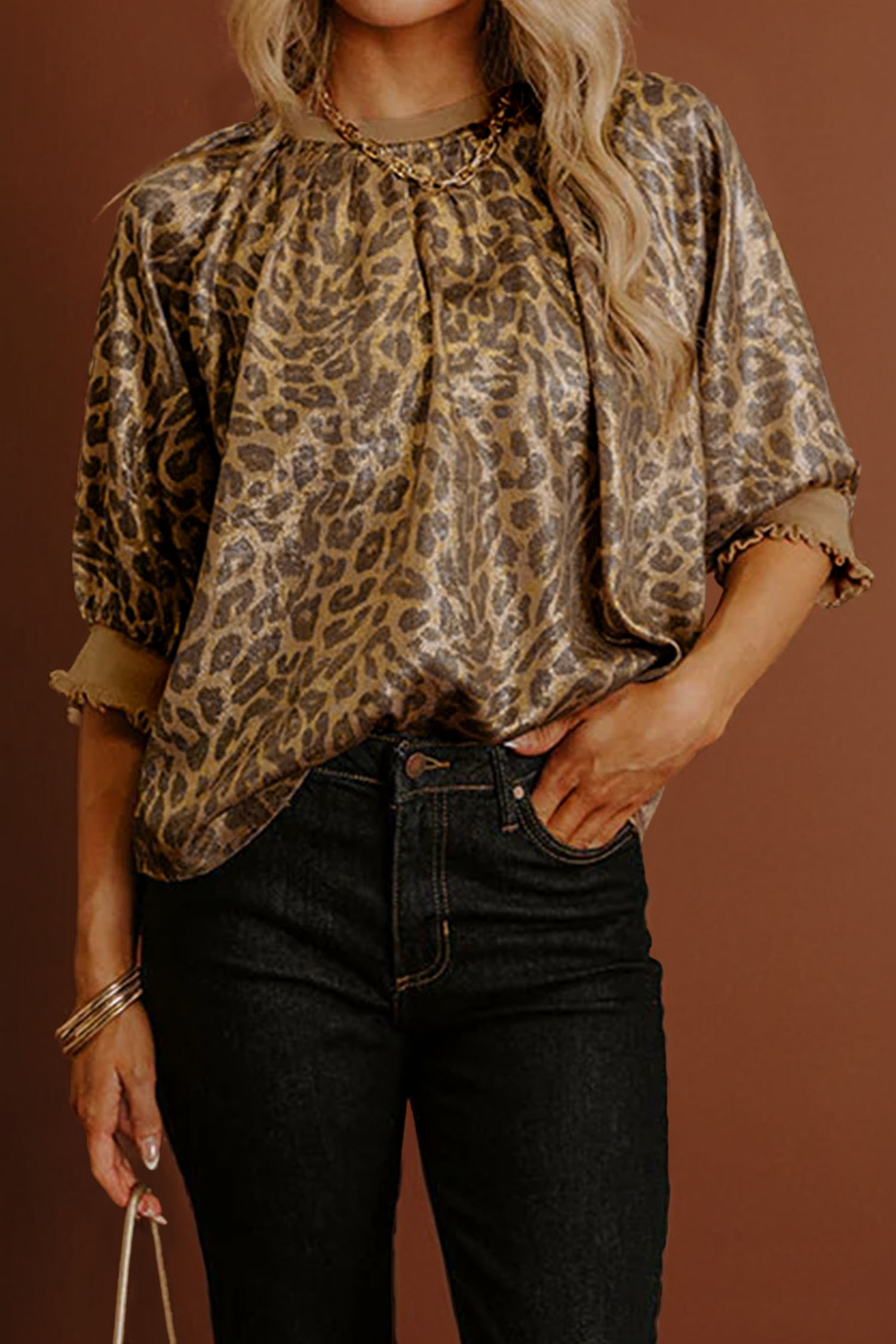 Gold Half Sleeve Metallic Leopard Print Blouse - Image 3
