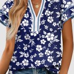 Blue Floral Print Contrast Trim Split Neck Double Ruffle Short Sleeve Blouse