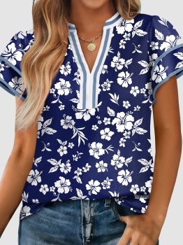Blue Floral Print Contrast Trim Split Neck Double Ruffle Short Sleeve Blouse