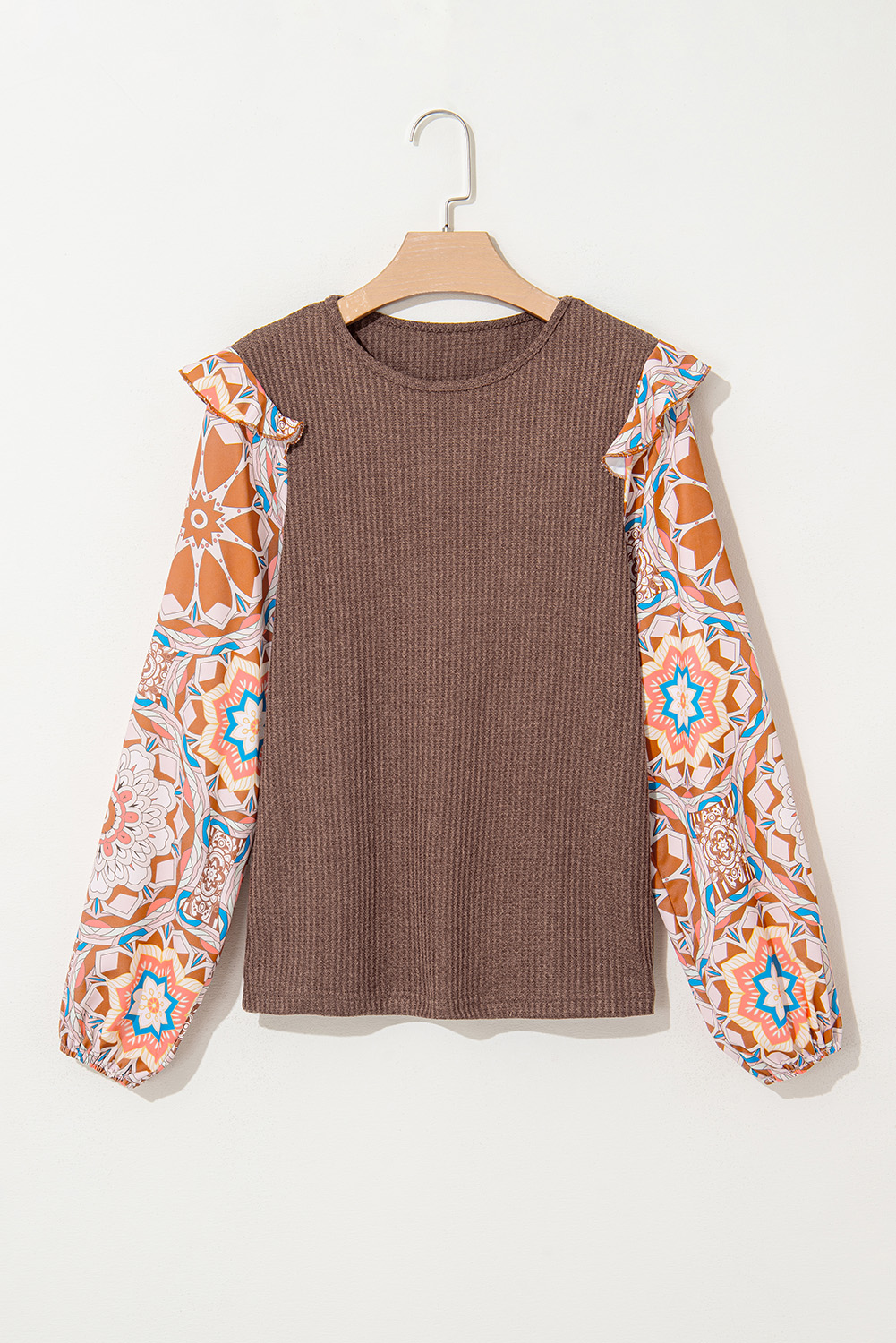 Coffee Ruffled Floral Sleeve Patchwork Waffle Knit O Neck Blouse - Image 3