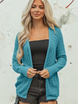 Lapis Mix Pattern Hollowed Knit Open Front Cardigan