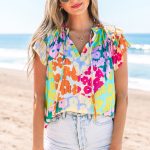 Multicolour Leopard Flutter Sleeve V Neck Crinkled Blouse