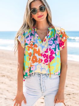 Multicolour Leopard Flutter Sleeve V Neck Crinkled Blouse