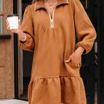Desert Gold Quarter Zip Collar Bracelet Sleeve Textured Mini Dress