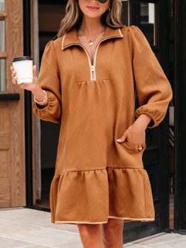 Desert Gold Quarter Zip Collar Bracelet Sleeve Textured Mini Dress