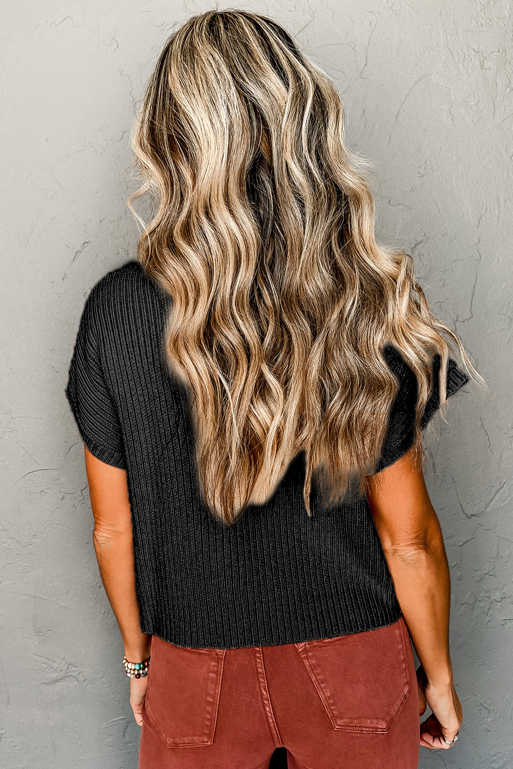 Black Patch Pocket Ribbed Knit Short Sleeve Sweater - Image 2