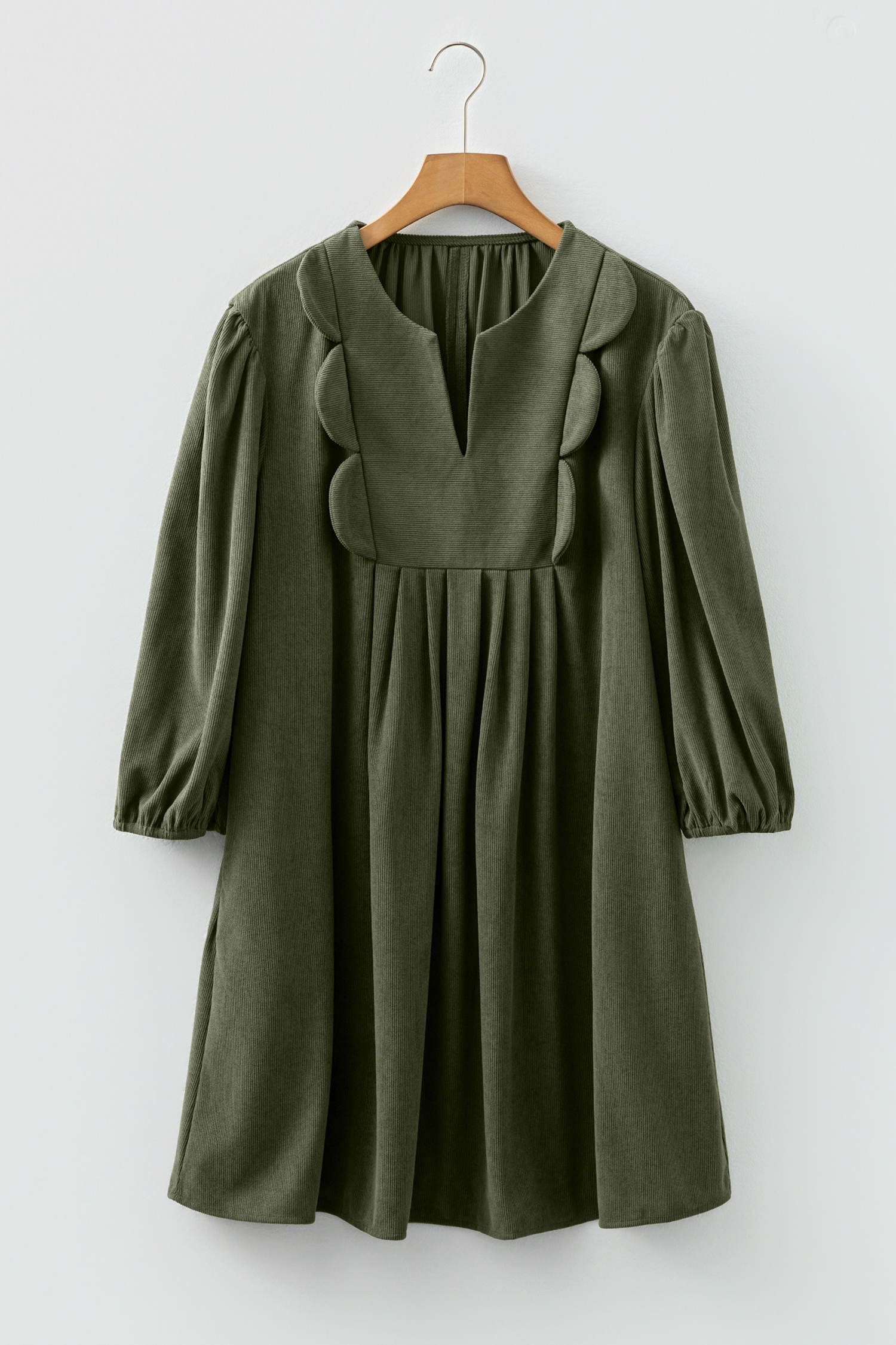 Moss Green Bracelet Sleeve Split Neck Scallop Detail Pleated Corduroy Mini Dress - Image 7