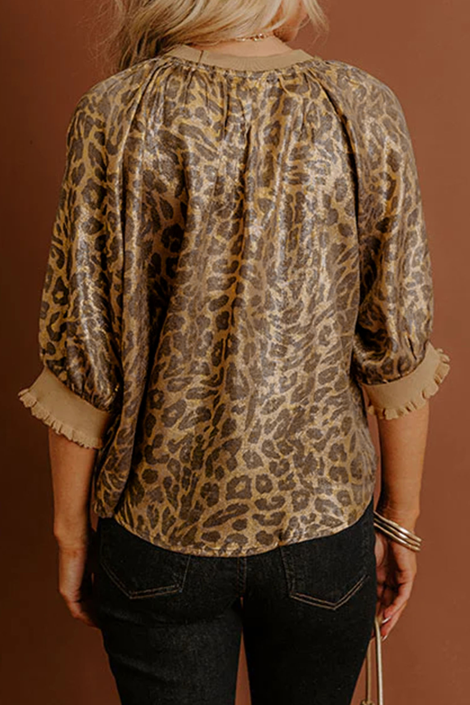 Gold Half Sleeve Metallic Leopard Print Blouse - Image 2