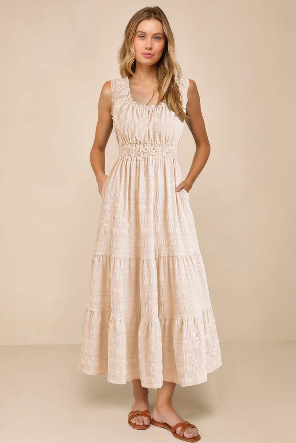 Apricot Shirred Pleated Square Neck Sleeveless Midi Dress - Image 6