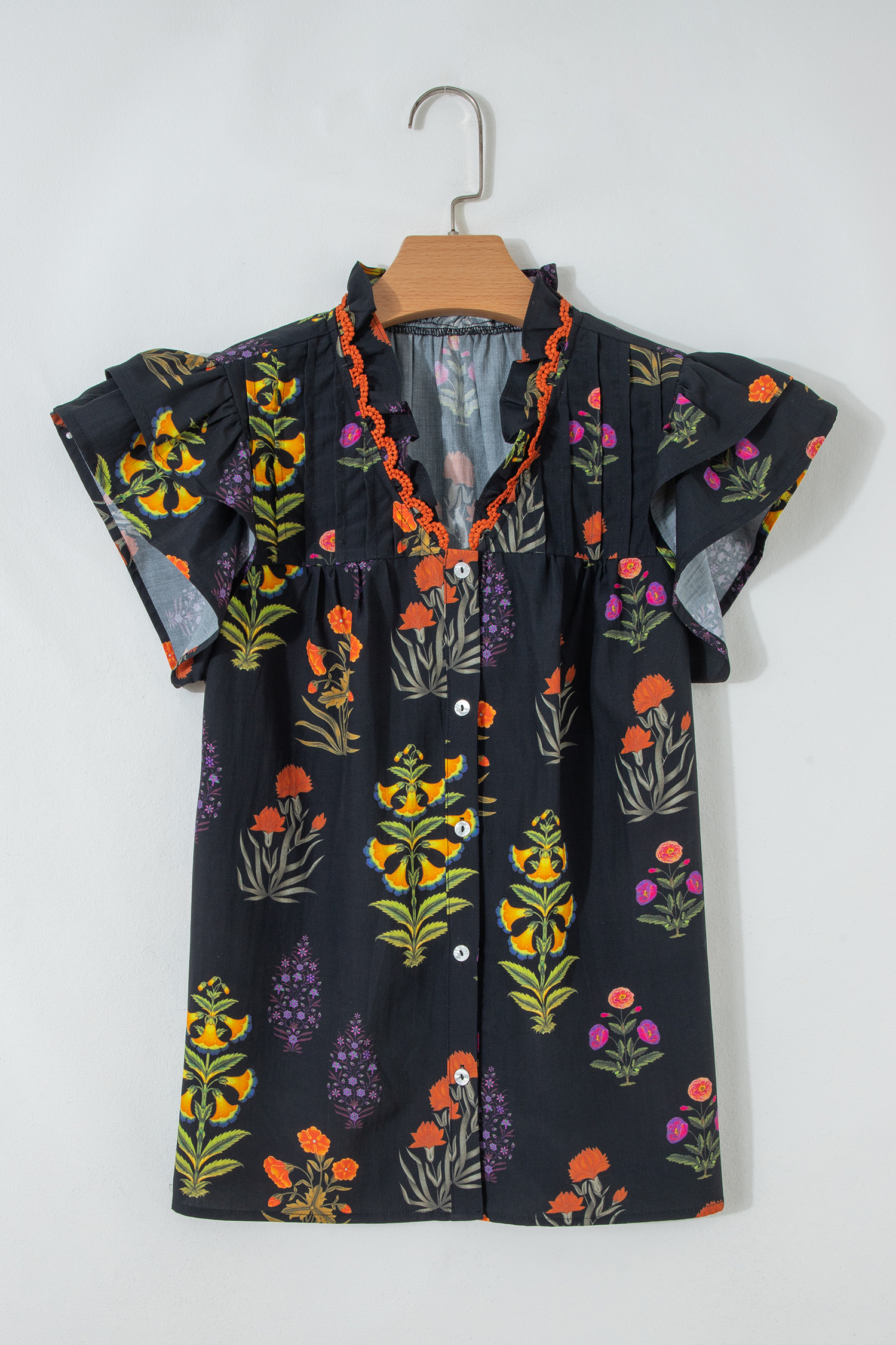 Black Floral Print Lace Trim Frilled V Neck Short Sleeve Shirt - Image 5