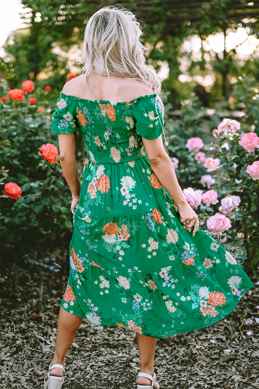 Green Floral Print Bubble Sleeve Smocked Tiered Midi Dress - Image 8