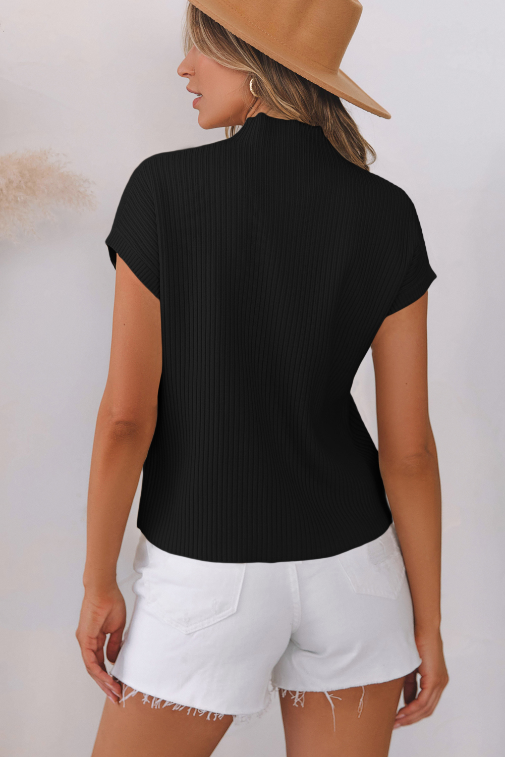 Black Patch Pocket Ribbed Knit Short Sleeve Sweater - Image 6