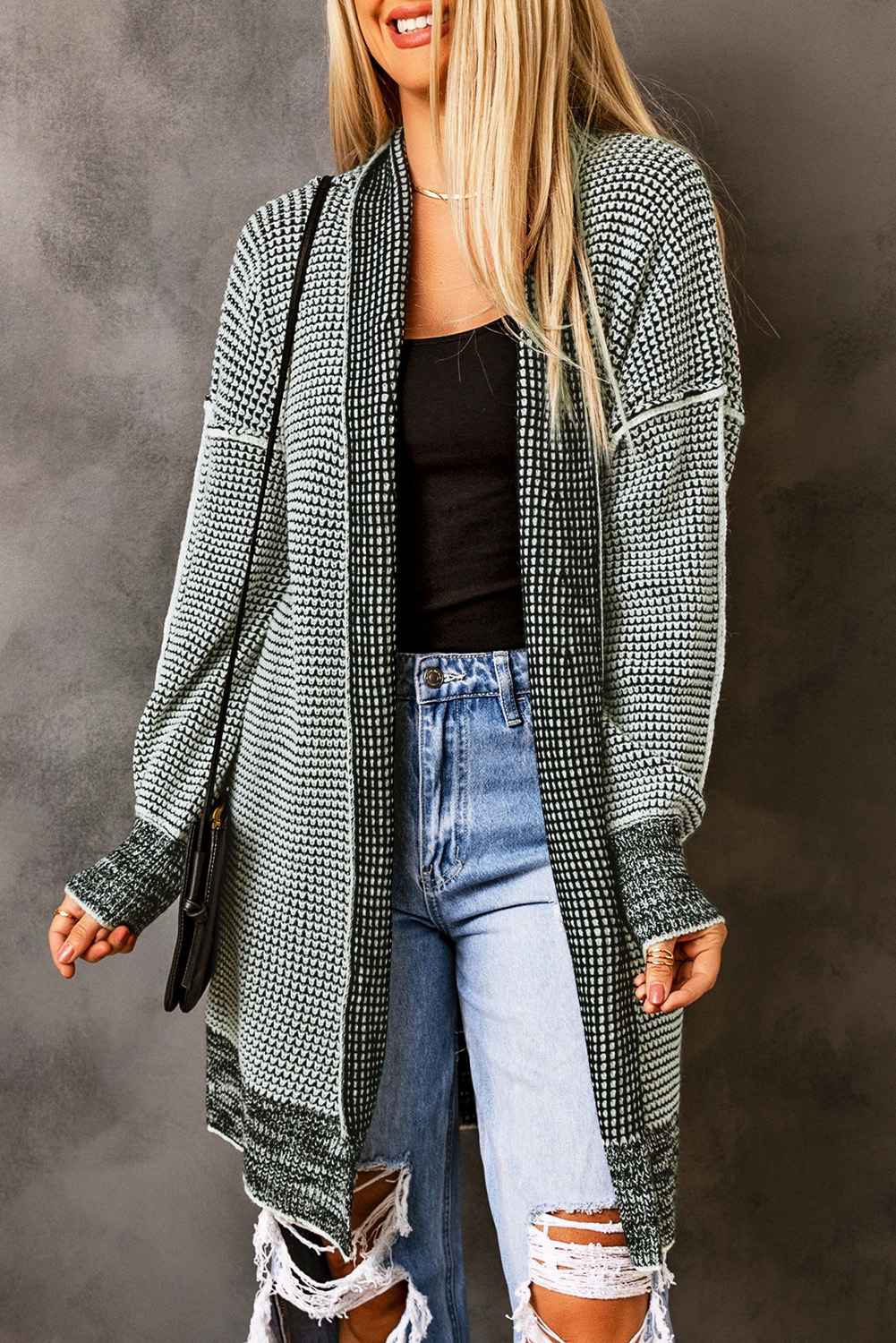 Gray Plaid Knitted Long Open Front Cardigan - Image 7
