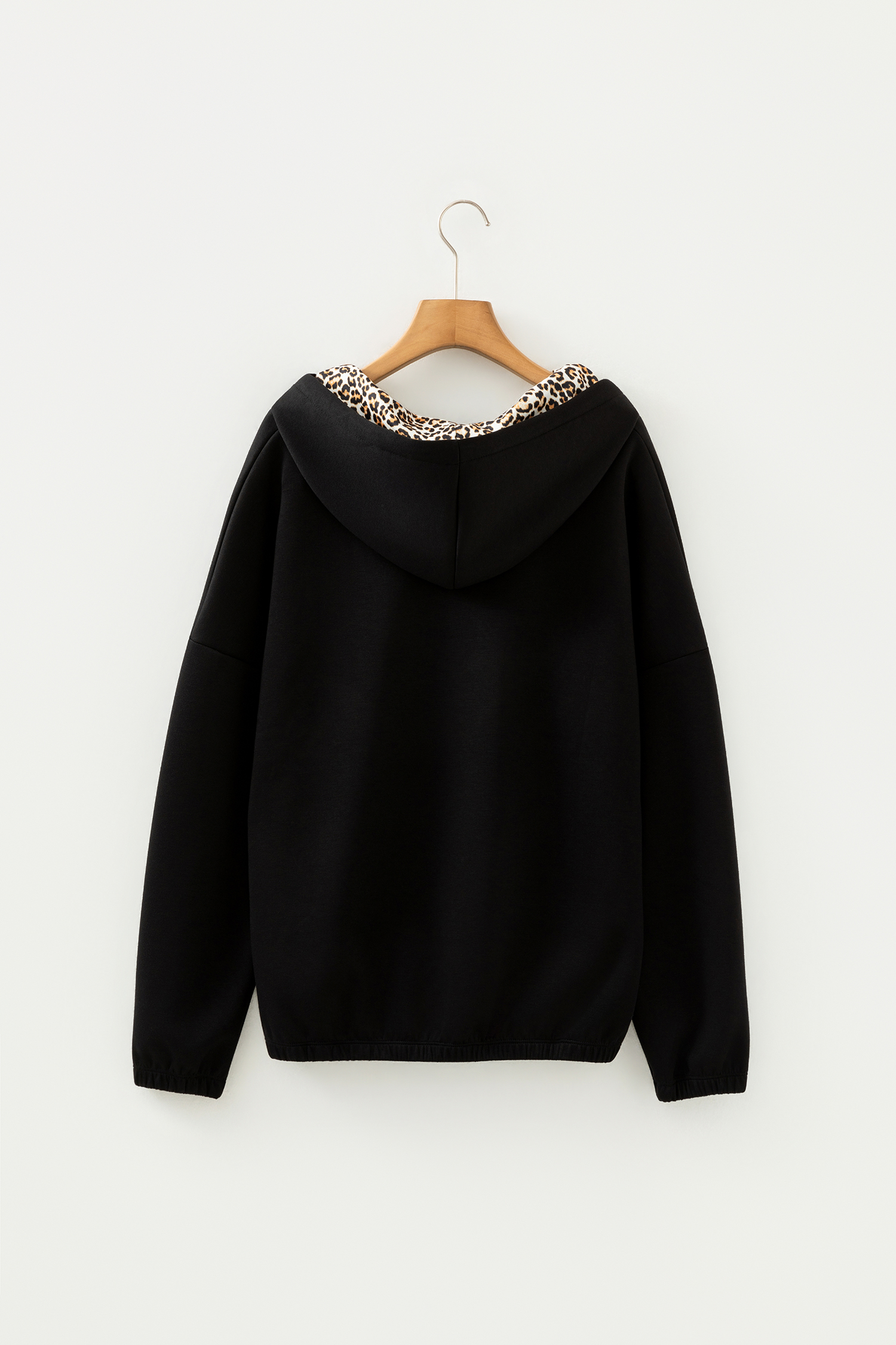 Black Leopard Contrast Drawstring Hood Drop Shoulder Loose Top - Image 5