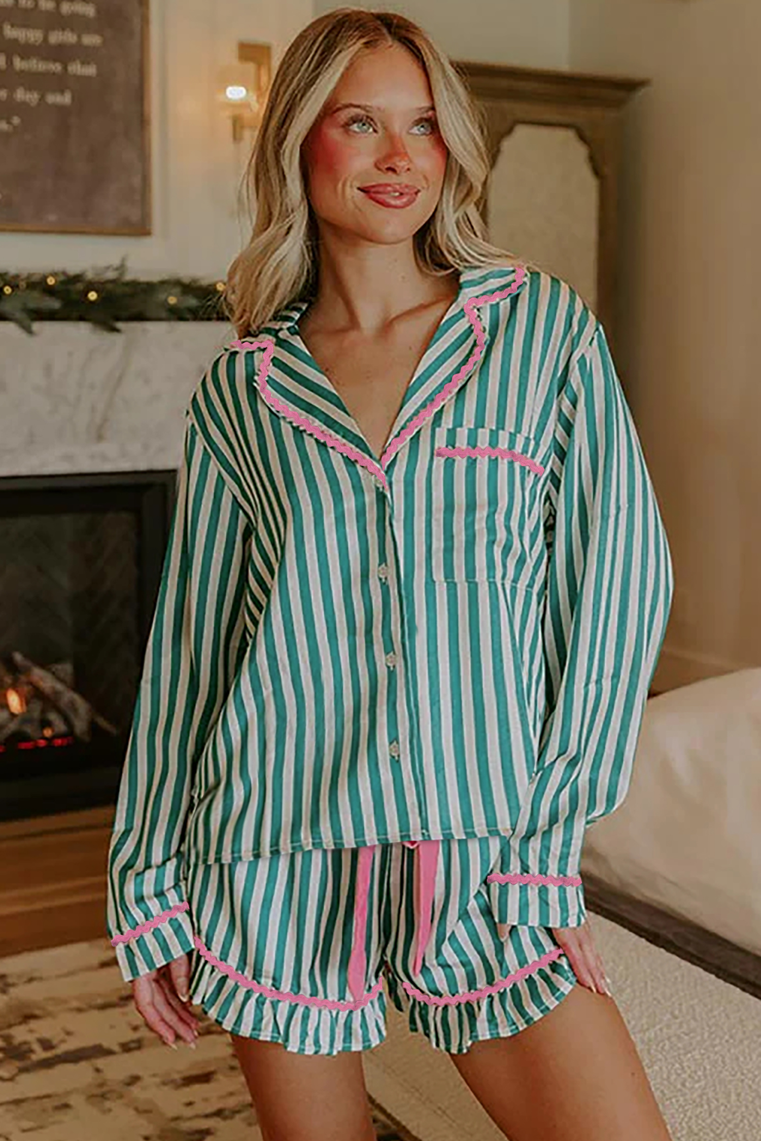 Green Stripe Contrast Ricrac Trim Long Sleeve Shirt Drawstring Ruffled Pajama Short Set - Image 5