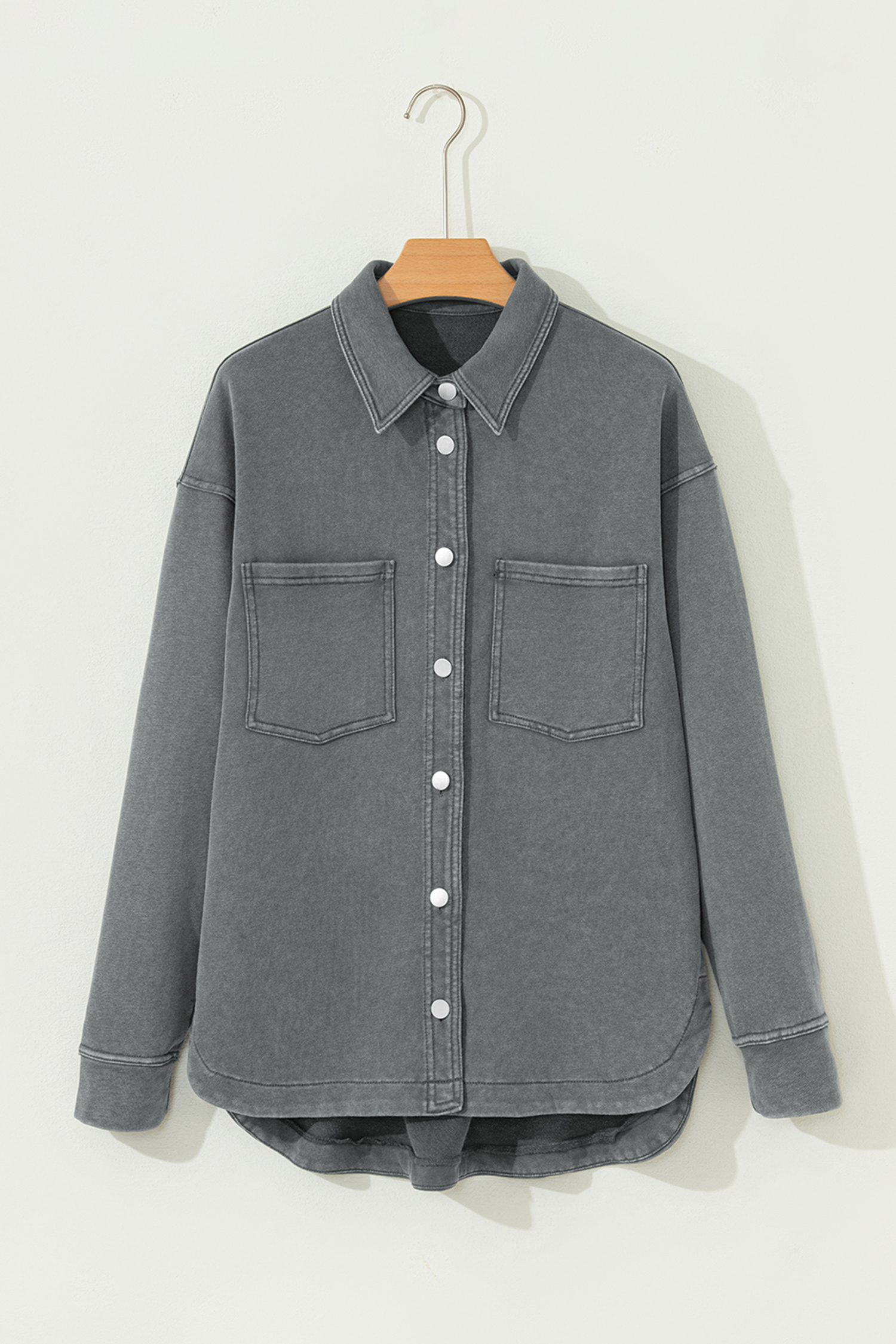 Medium Grey Mineral Wash Chest Pockets Drop Shoulder Shacket with Side Slit - Image 6