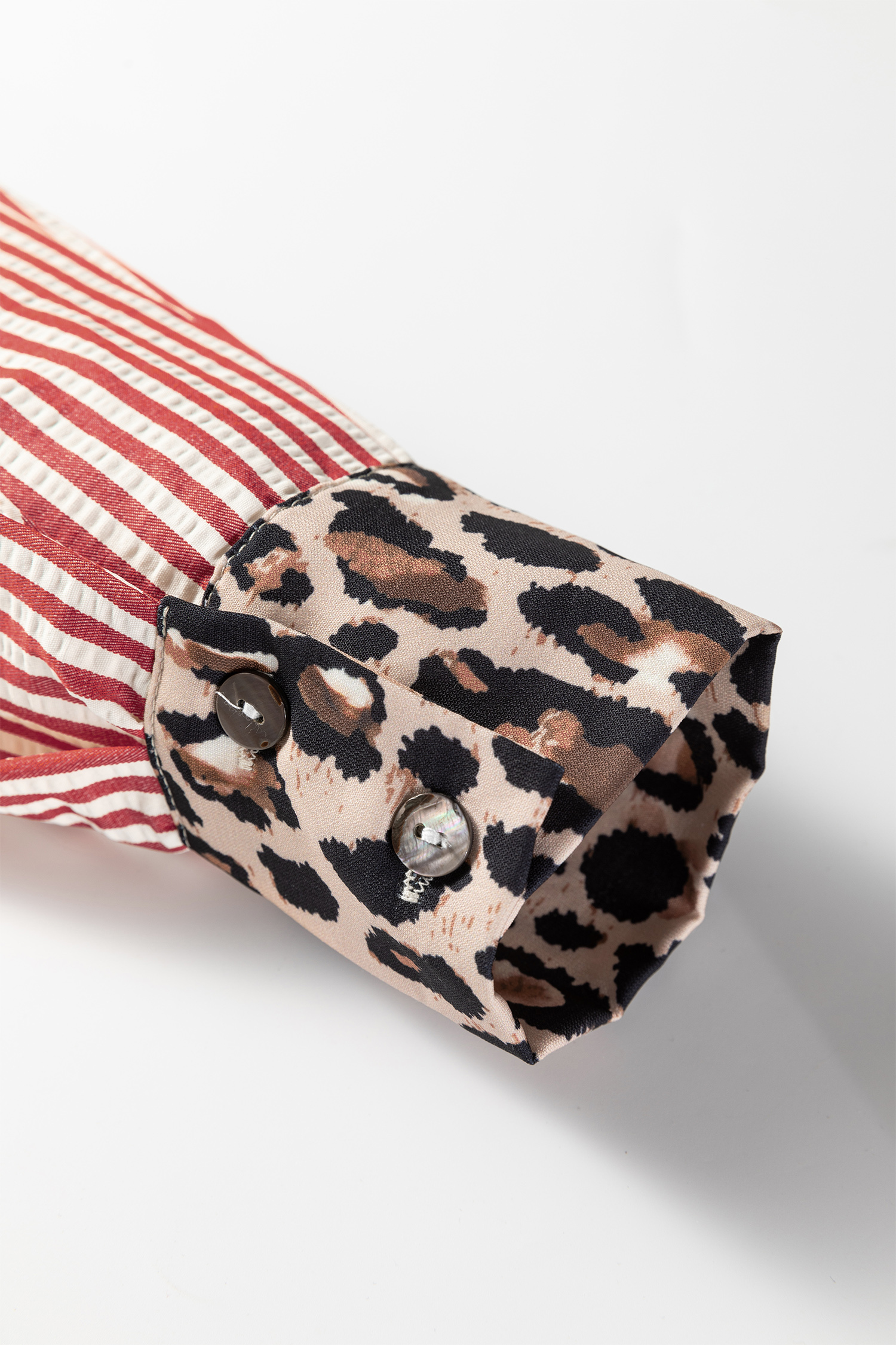 Racing Red Striped Leopard Print Patchwork Button Up Womens Shirt - Image 7