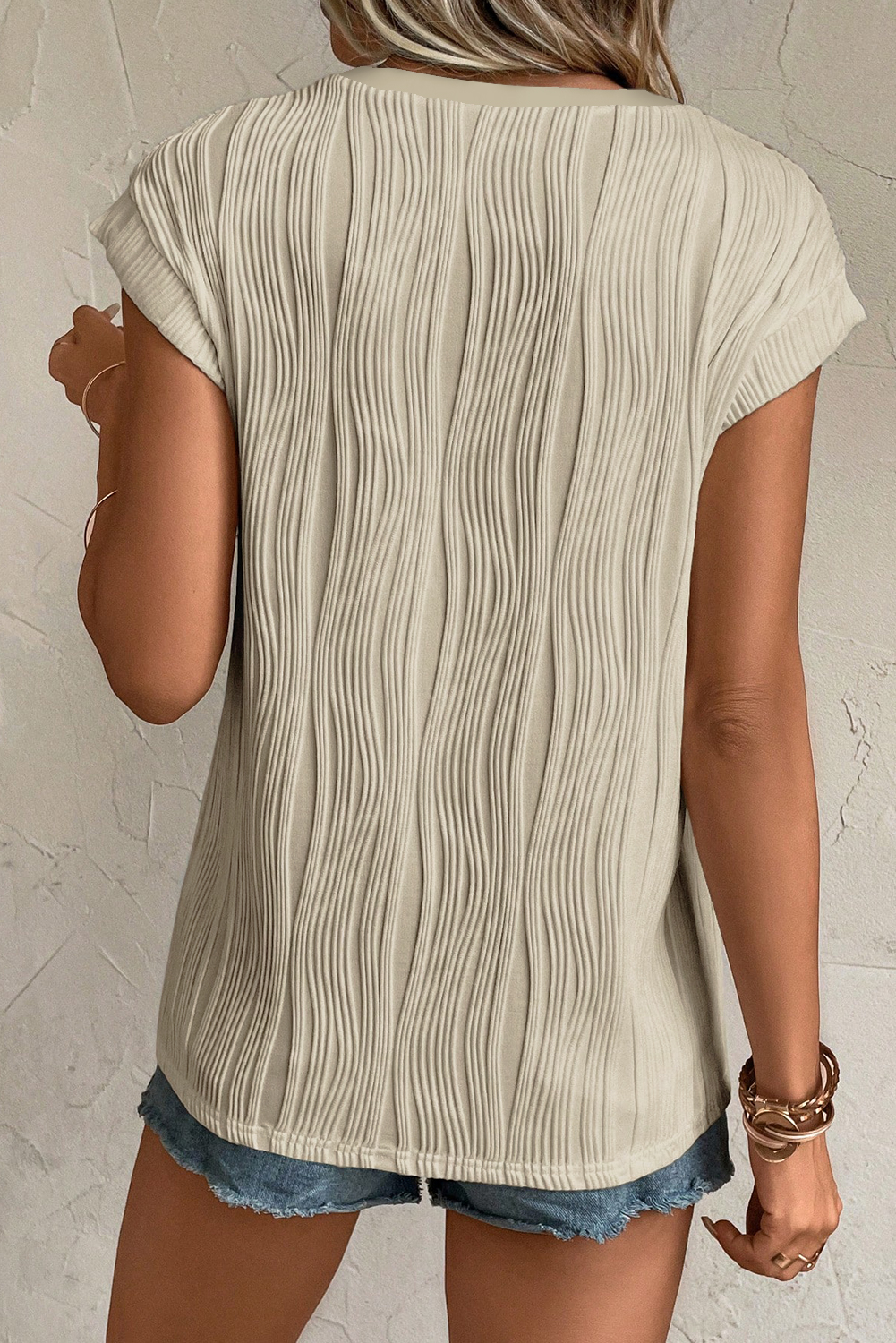 Apricot Wavy Textured Button V Neck Tee - Image 2