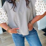 Black Stripe Floral Puff Sleeve Patchwork Round Neck Loose Top