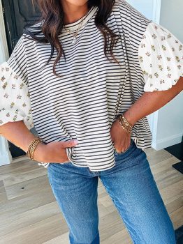 Black Stripe Floral Puff Sleeve Patchwork Round Neck Loose Top