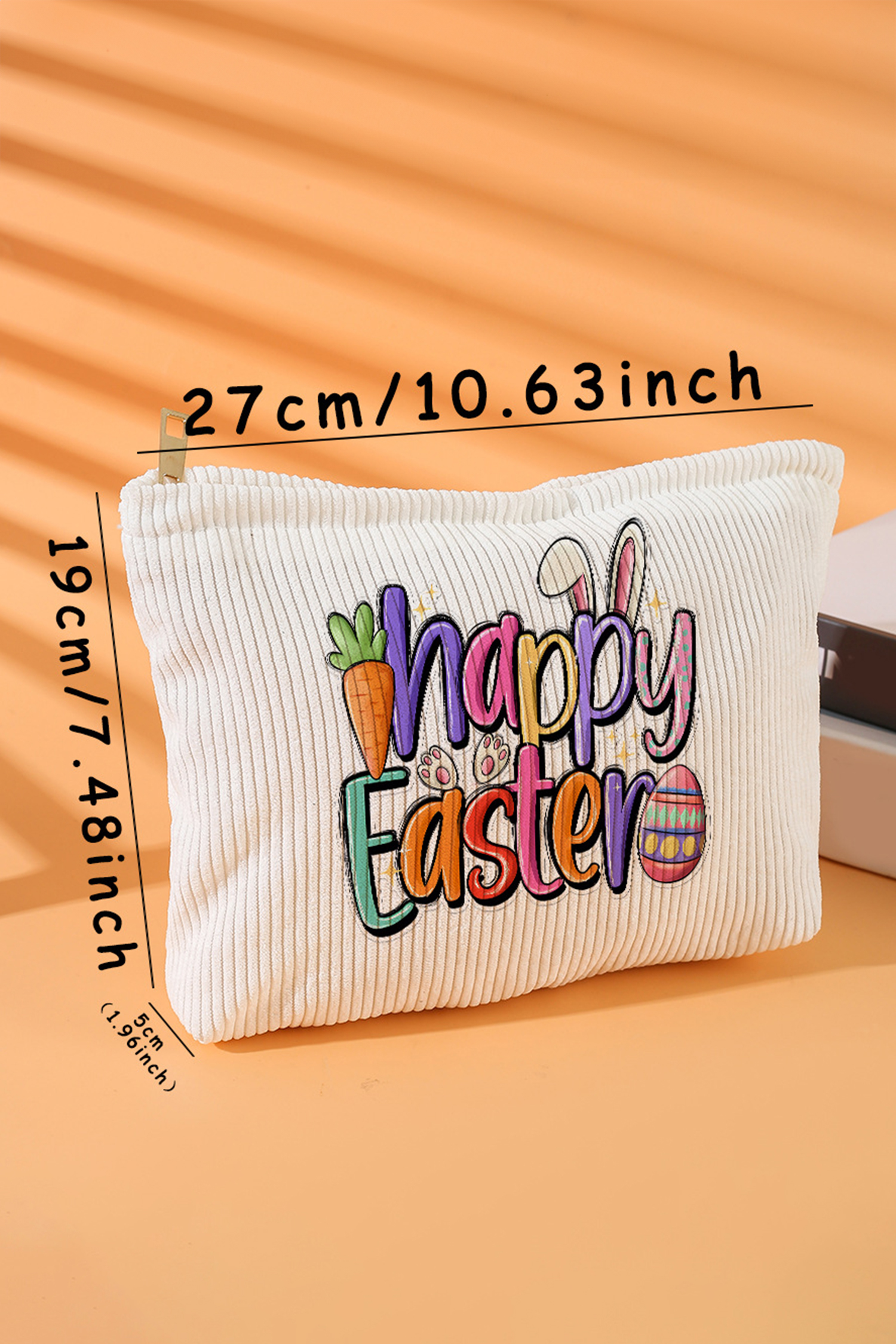 White Happy Easter Playful Printed Corduroy Makeup Bag - Image 5