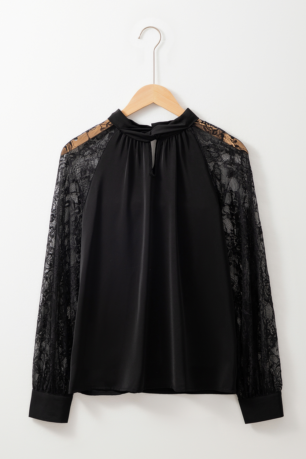 Black Keyhole Neckline Floral Lace Raglan Sleeve Blouse - Image 8