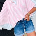 Casual Stripe Oversize Dolman Sleeve Patchwork T Shirt