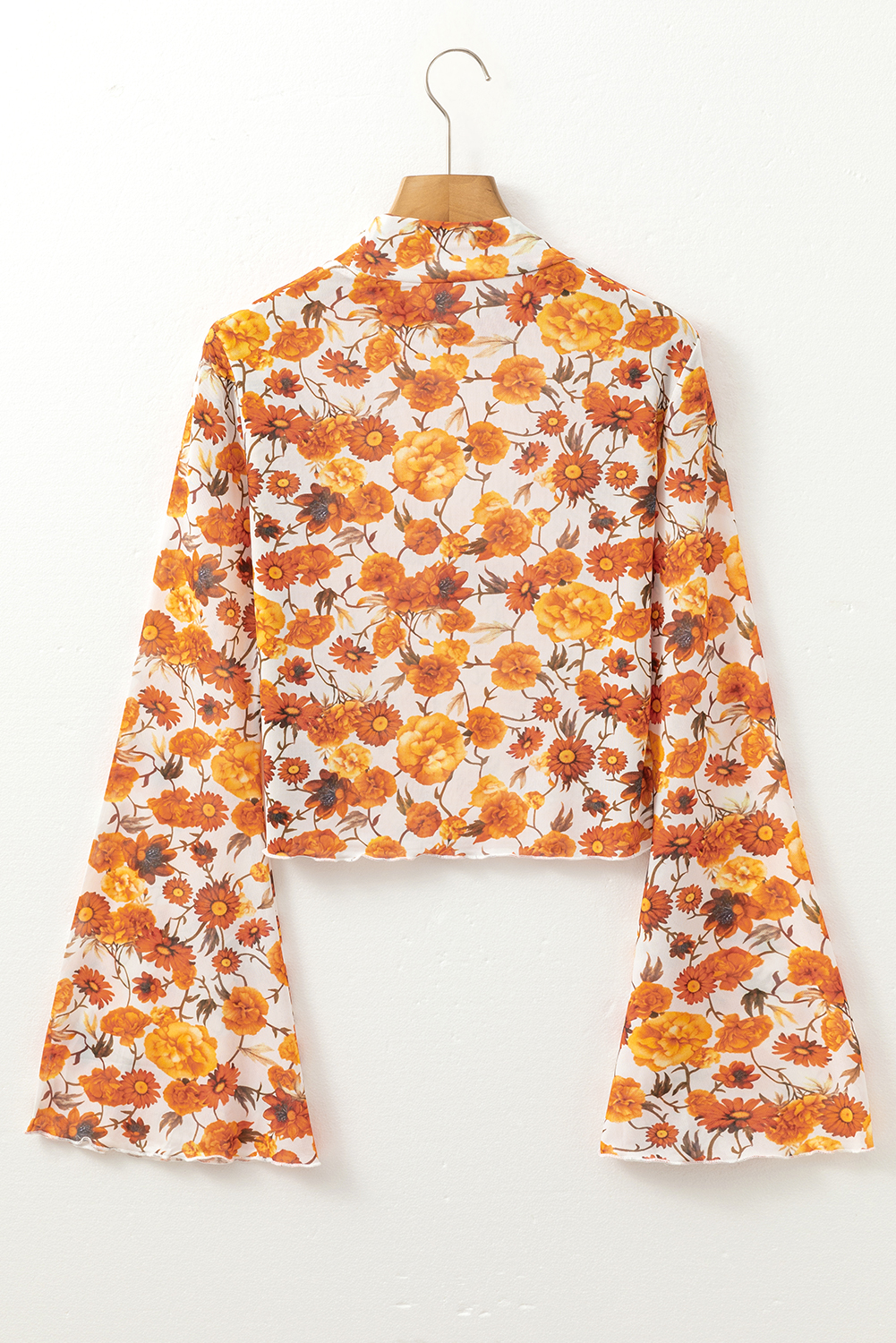Orange Floral Printed Bell Sleeve Mock Neck Scallop Trim Blouse - Image 8
