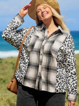 Black Plus Size Plaid Leopard Printed Patchwork Button Up Shacket