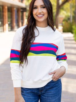 White Colorful Striped Accent Long Sleeve T Shirt