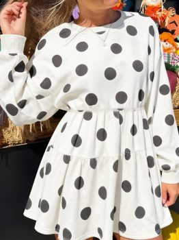 White Polka Dot Printed Long Sleeve Flared Mini Dress