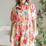 Pink Floral Puff Sleeve Collar Buttoned Babydoll Dress