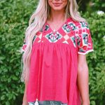 Strawberry Pink Geometric Embroidered Tassel Tie V Neck Blouse