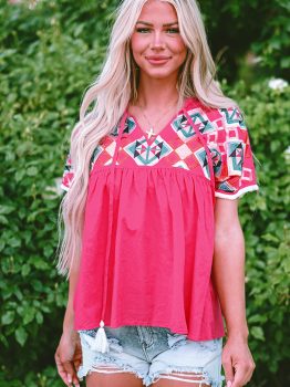 Strawberry Pink Geometric Embroidered Tassel Tie V Neck Blouse
