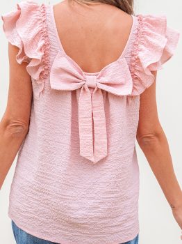 Gossamer Pink Textured Bow Knot Frilled Butterfly Sleeve Blouse