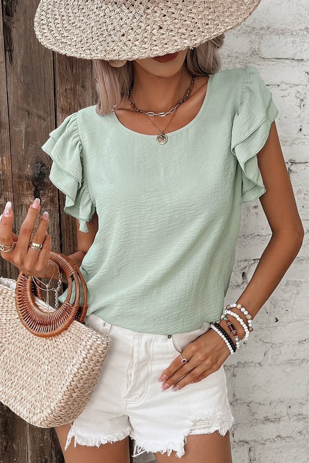 Clearly Aqua Solid Color Ruffled Short Sleeve Casual Blouse - Image 4
