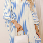 Sky Blue Stripe Knotted Bracelet Sleeve Notched Neck Shift Mini Dress