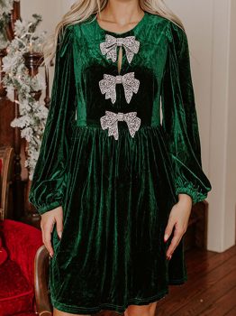 Evergreen Bowknot Decor High Waist Velvet Mini Dress