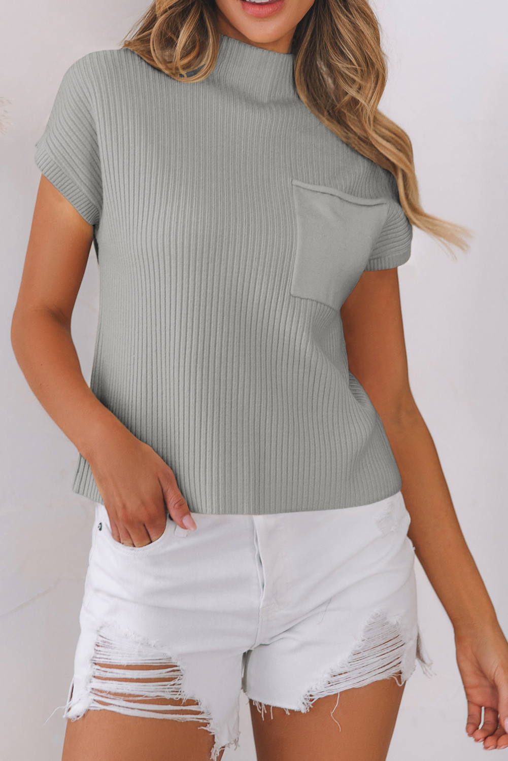 Gray Patch Pocket Ribbed Knit Short Sleeve Sweater - Image 4