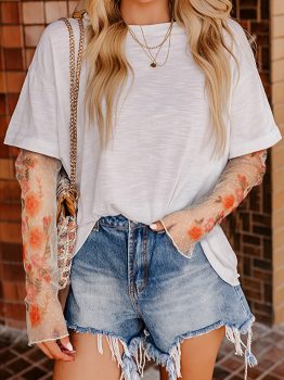 White Faux Two Piece Floral Long Sleeve Patchwork Tee
