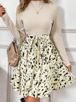 Beige Ribbed Knit Patchwork Printed Belted A-line Dress