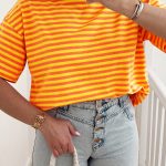 Orange Stripe Contrast Crew Neck Drop Shoulder Loose Tee