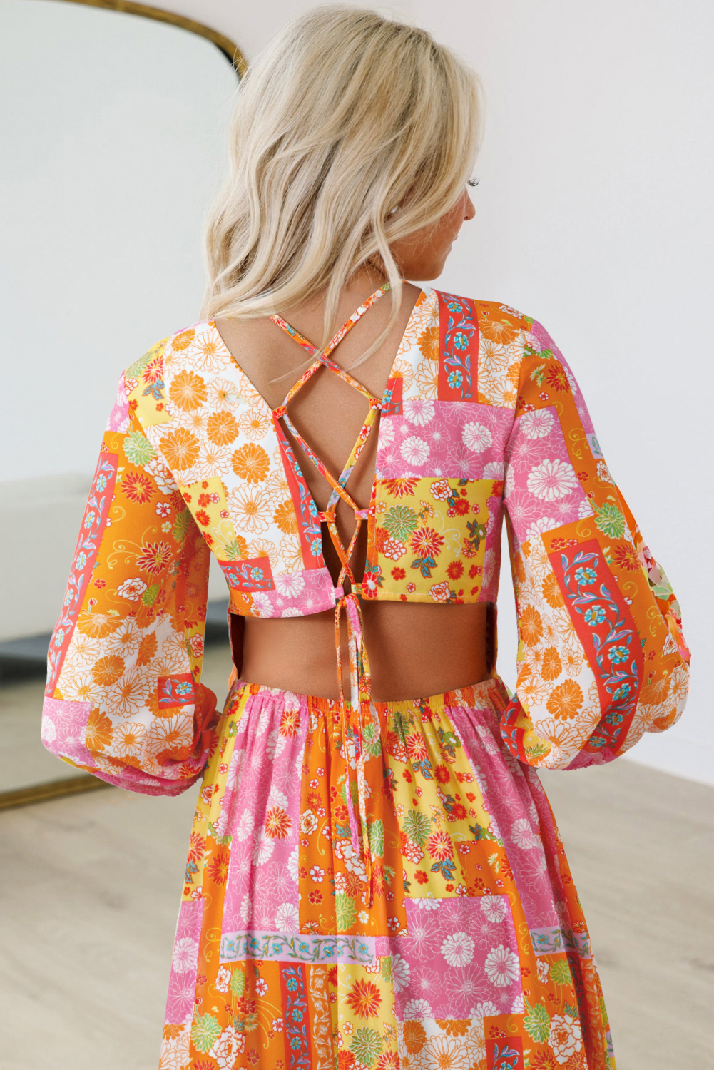 Orange Floral Patchwork Print Cut out Tied Back Bracelet Sleeve Maxi Dress - Image 4