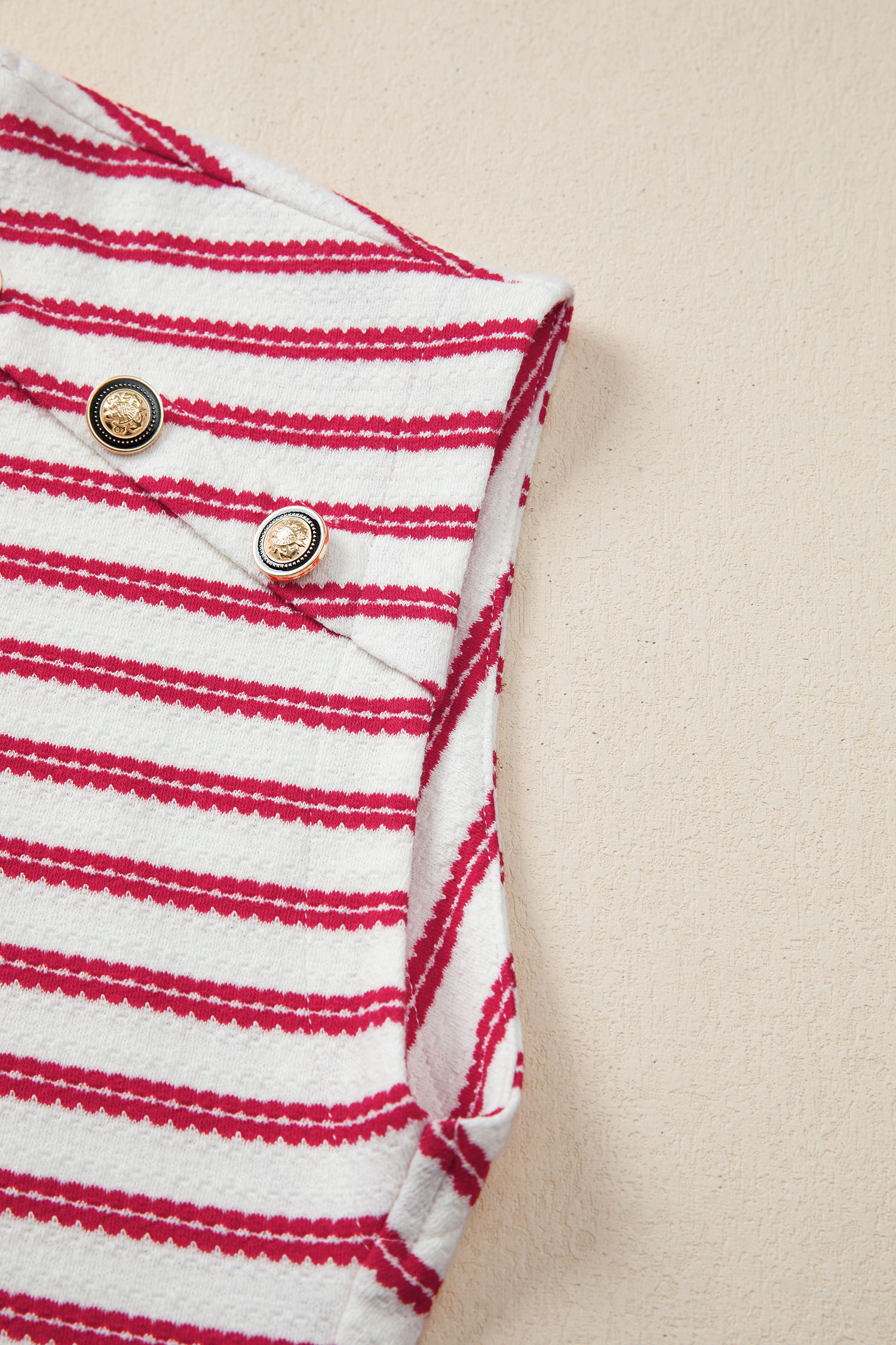Red Stripe Textured Knit Button Detail Short Sleeve Casual Tee - Image 7