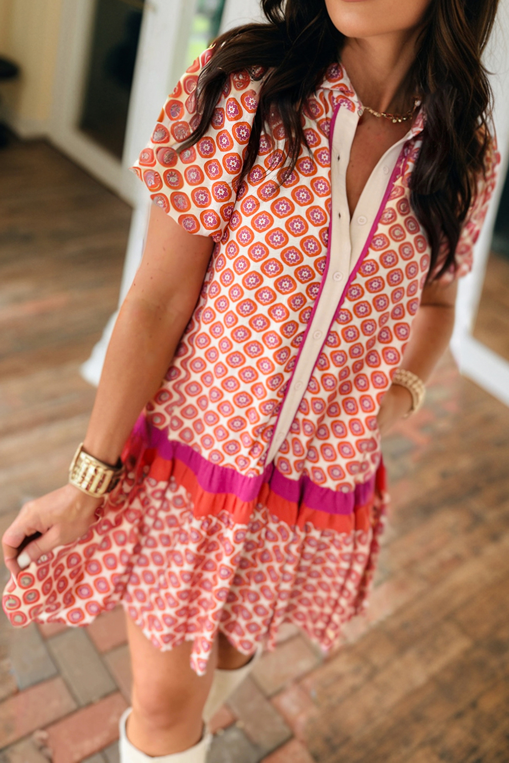 Orange Geometric Floral Print Color Block Trim Button Front Ruffle Hem Dress - Image 2