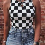 Black Checkerboard Printed Slim Tank Top
